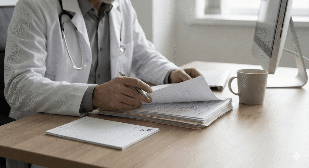 Close-up of a doctor in a white lab coat with a stethoscope around their neck, sitting at a desk and flipping through a stack of medical papers. A prescription pad and a coffee mug are visible on the desk