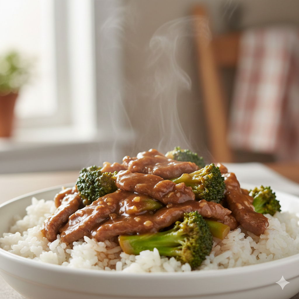 Beef broccoli recipe, glossy stir-fry on rice