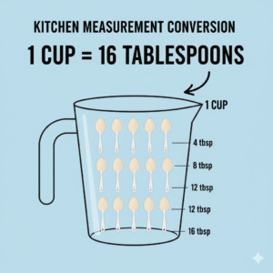 An infographic-style image that clearly illustrates the relationship: "1 Cup = 16 Tablespoons." You could show a graphic of a cup visually filling up with 16 small tablespoon icons. Use clear, legible text.

Keywords/Concepts for Image: infographic, measurement conversion, kitchen science, cup vs tablespoon, ratio, 16 tbsp in 1 cup.