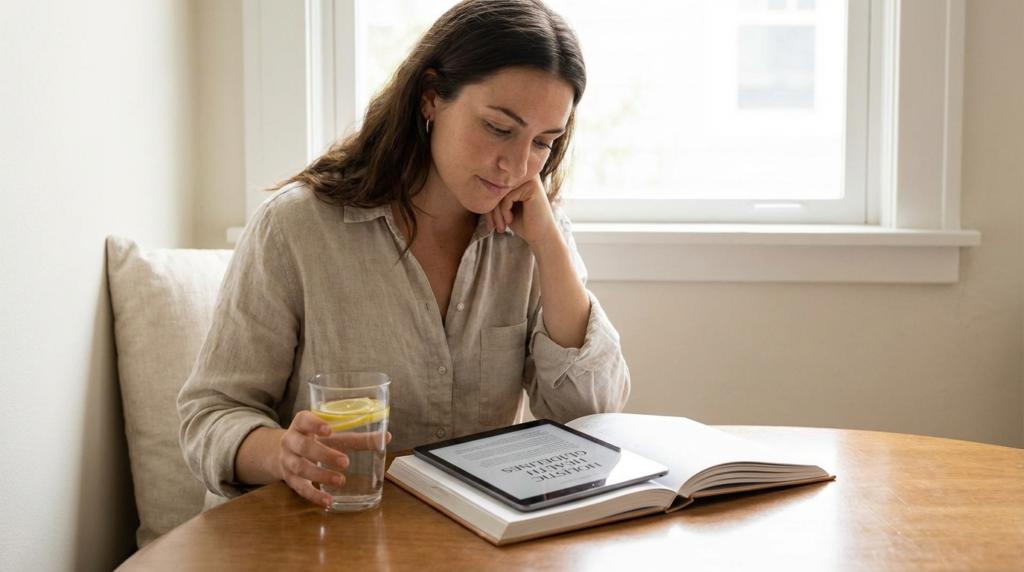 A woman sitting at a wooden table, resting her head on her hand while reading a digital tablet titled 'Holistic Health Guidelines' placed on top of an open book. A glass of lemon water is nearby.