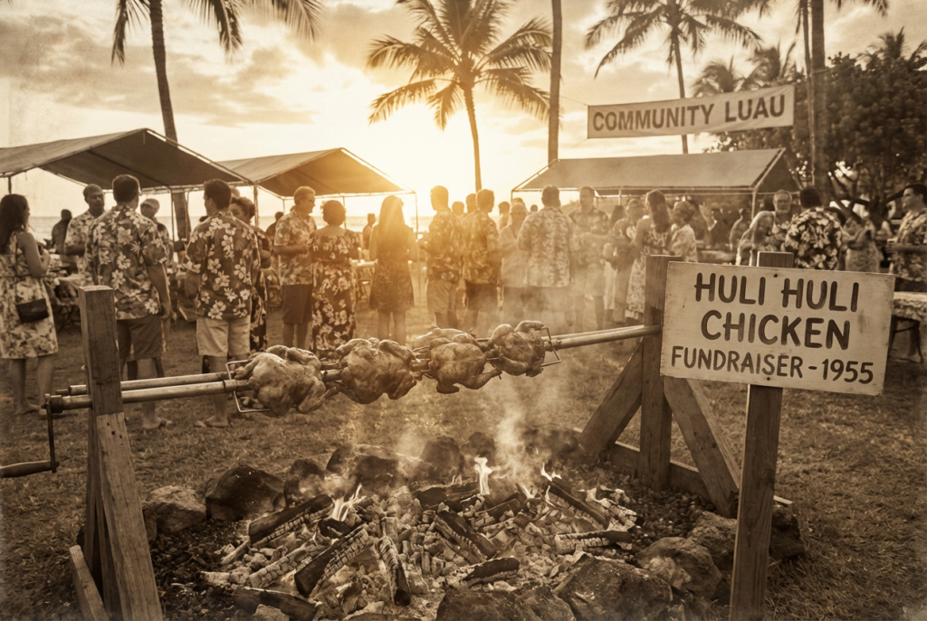 Traditional Hawaiian rotisserie cooking Huli Huli Chicken over kiawe wood fire 