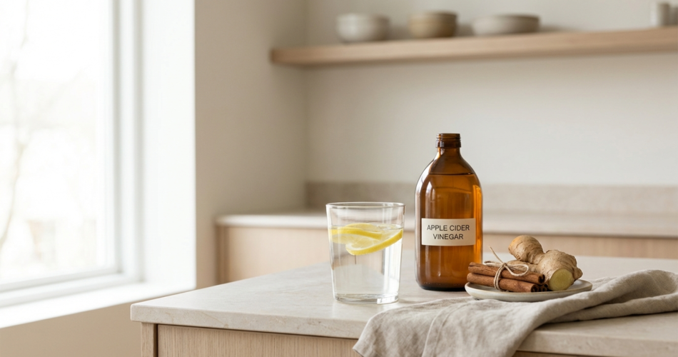 A bottle of apple cider vinegar sits on a kitchen counter next to a glass of lemon water and a small plate containing fresh ginger root and cinnamon sticks.