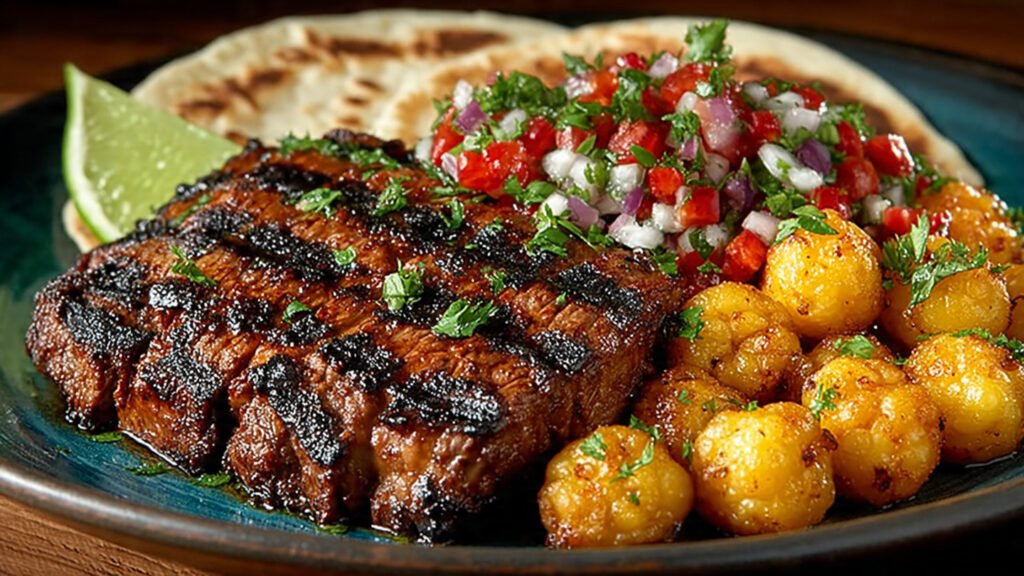 Hominy served as side dish with Mexican carne asada