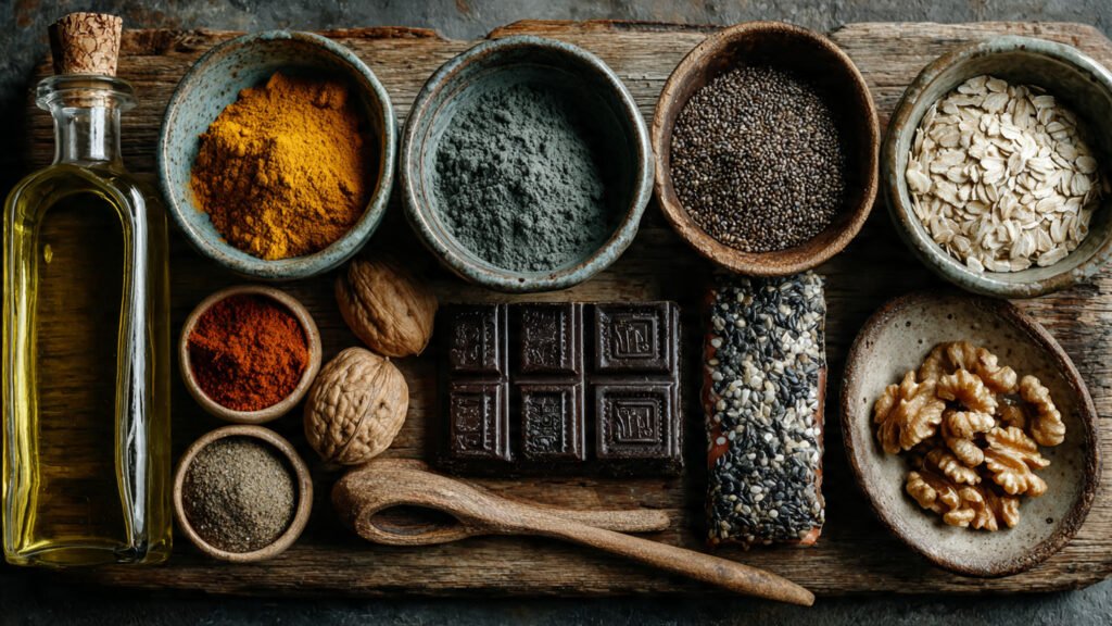 Heartumental pantry staples including olive oil, turmeric, and omega-3 sources