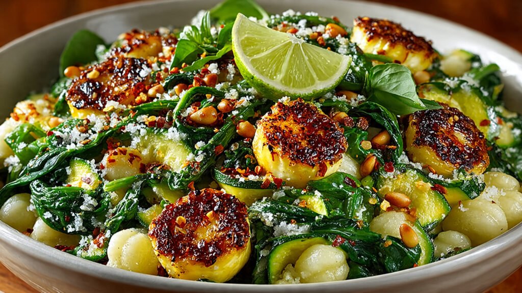 Healthy vegan hominy recipe with spinach, zucchini and lemon