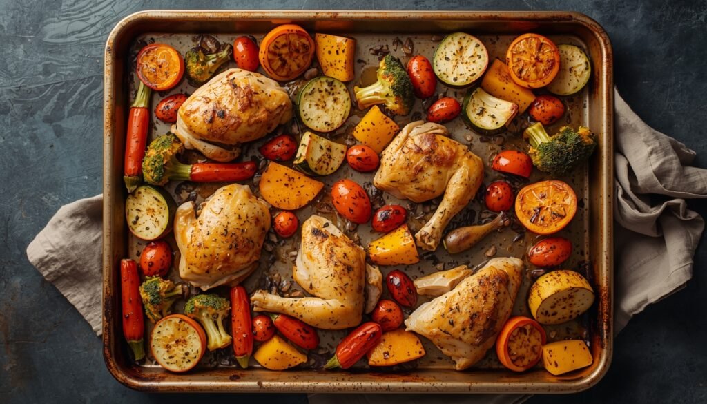 Sheet-pan dinner with roasted vegetables and chicken