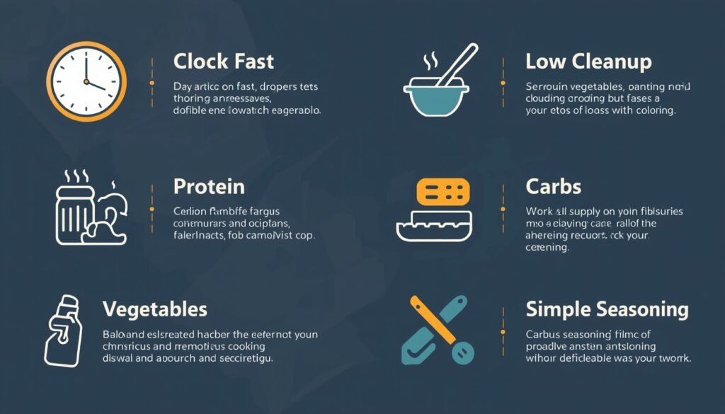 Checklist style infographic with icons: clock (fast cooking)