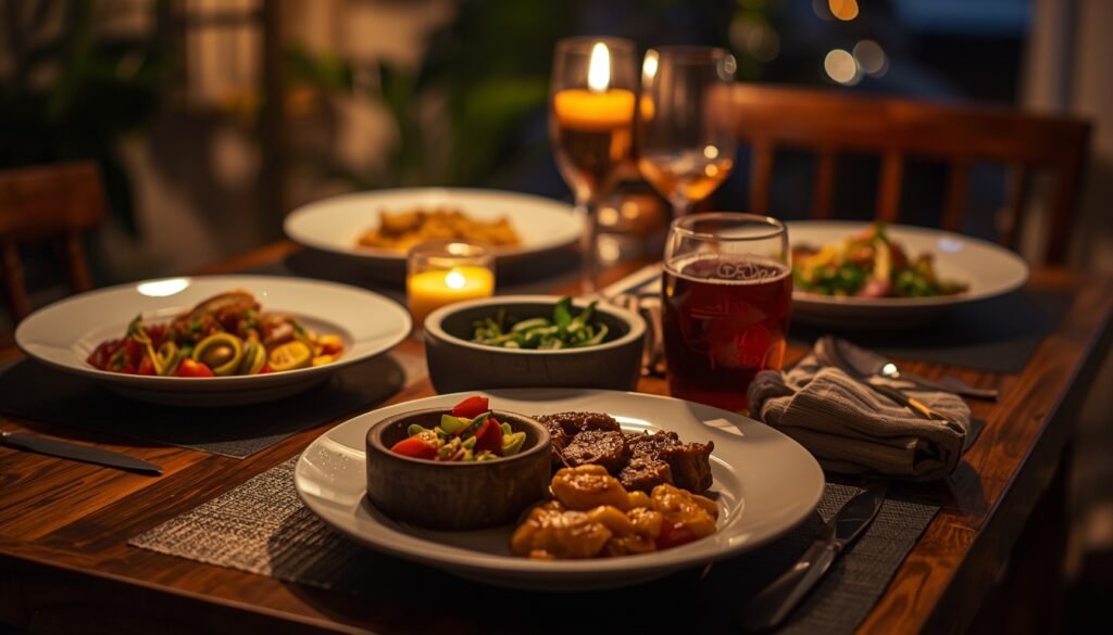 Cozy, simple dinner on a table with minimal dishes