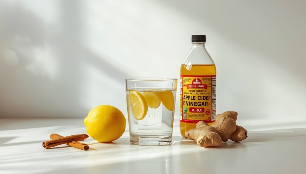 Glass of lemon water next to a bottle of apple cider vinegar, fresh ginger, cinnamon sticks, and a lemon on a kitchen counter.