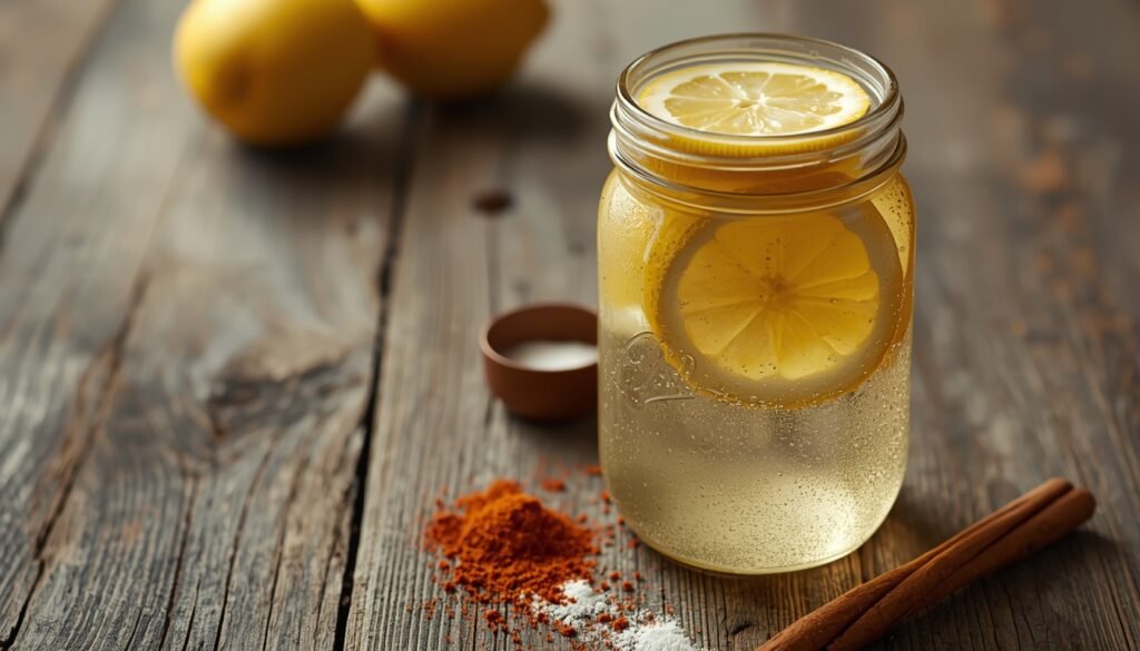 Glass jar filled with water, lemon slices, cinnamon sticks, and spices on a rustic wooden table.