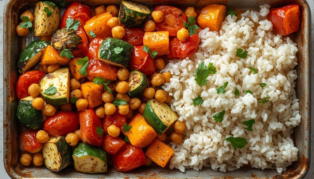 Roasted vegetables and chickpeas on one tray