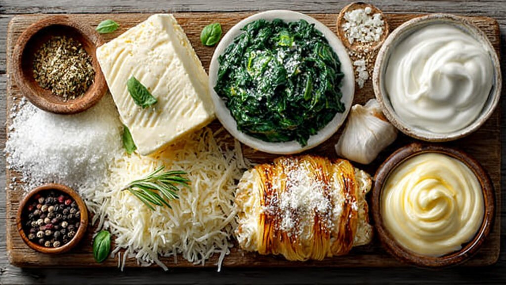 Ingredients for espinaca dip (cream cheese, spinach, Parmesan)