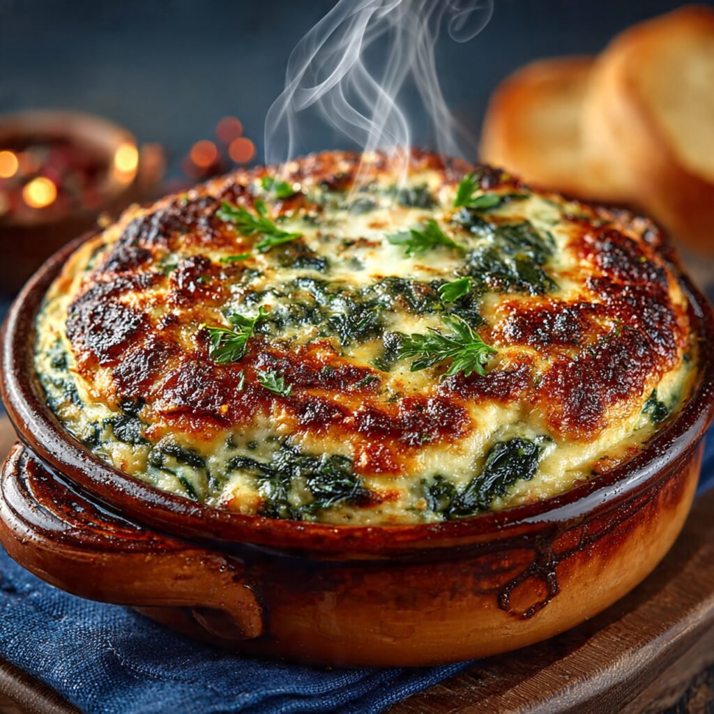 Hot baked espinaca dip with bubbly melted cheese