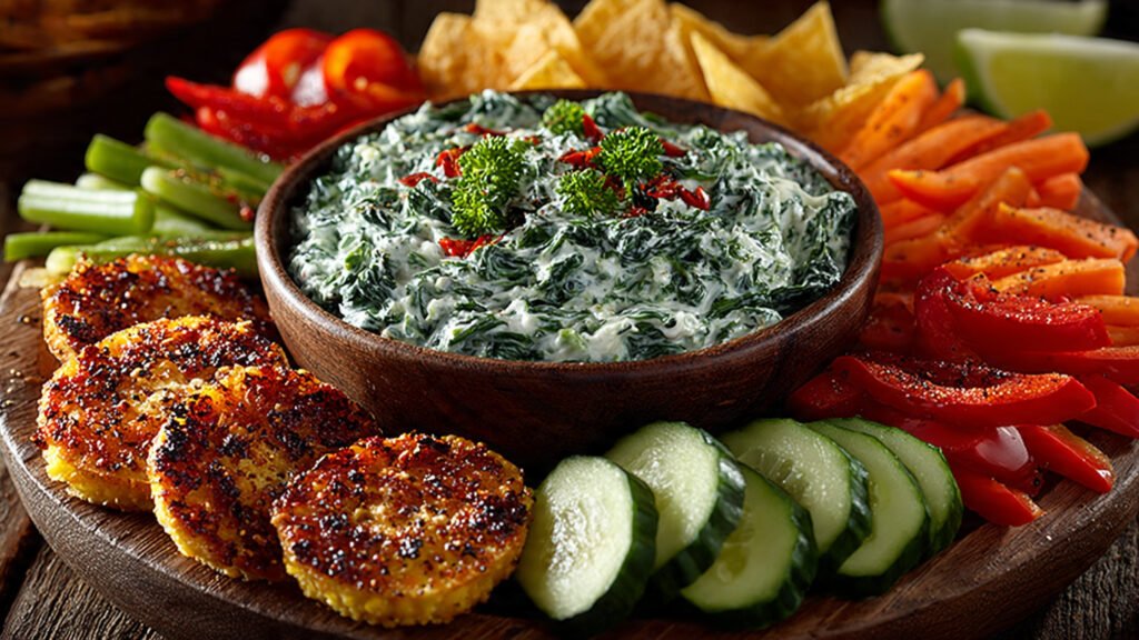 Espinaca dip platter with veggies, chips, and crostini