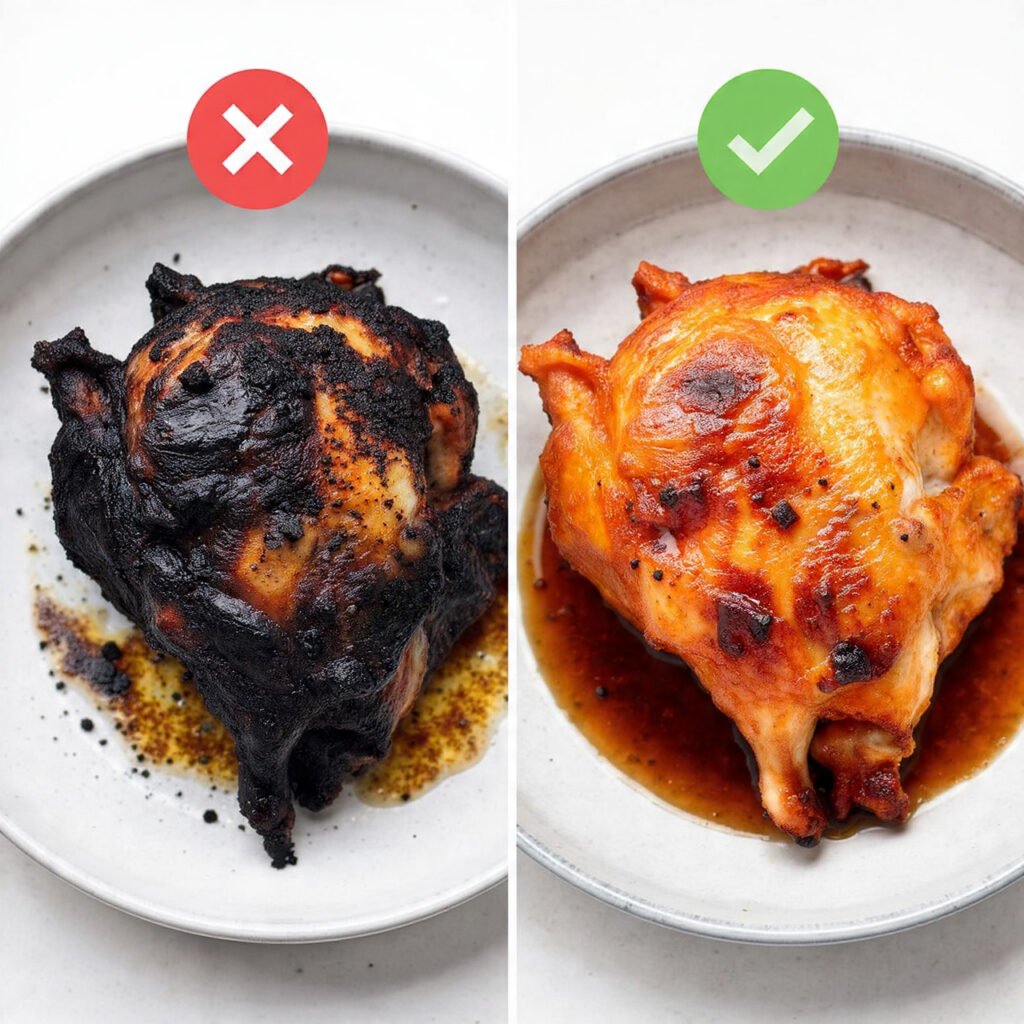 Comparison of burnt versus perfectly charred Huli Huli Chicken showing correct grilling technique