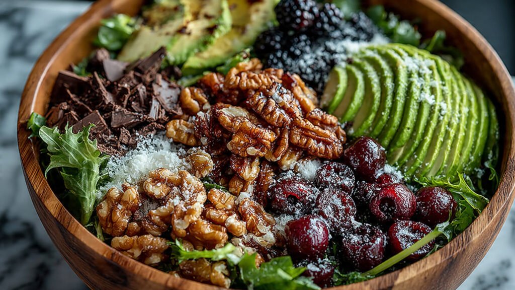 Serotonin salad heartumental recipe with dark chocolate and walnuts