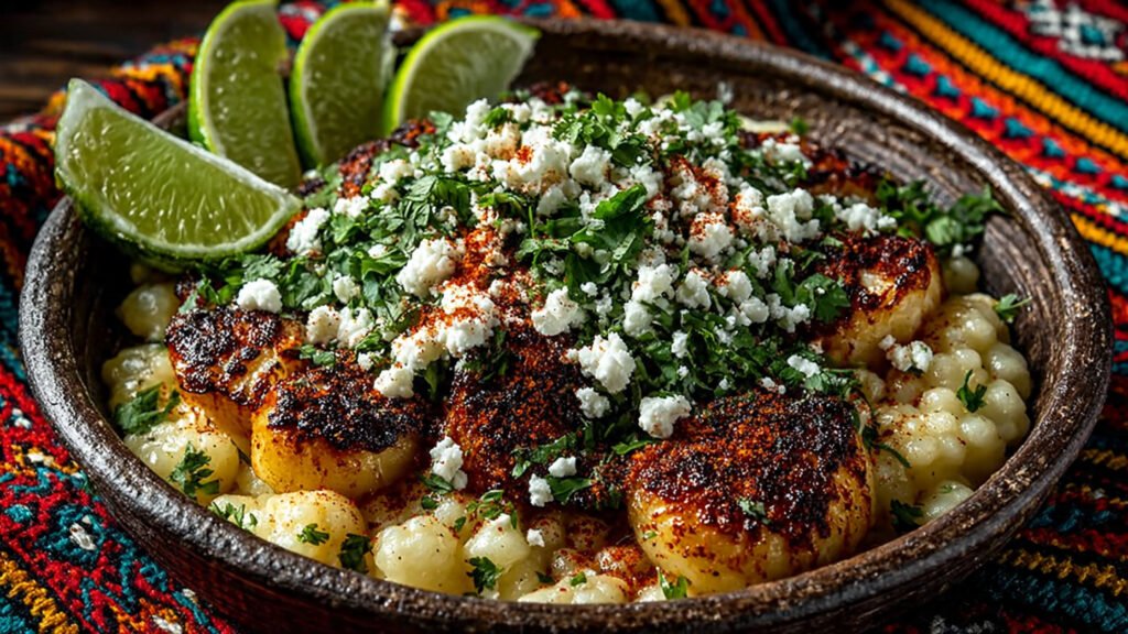 Mexican elote style hominy recipe with cotija cheese and lime