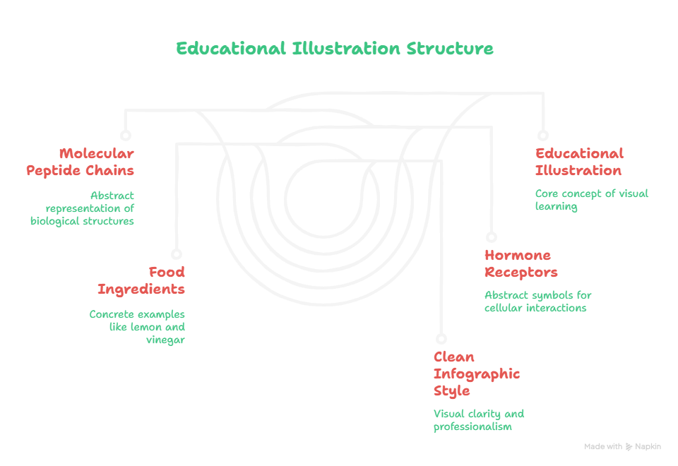 A clean infographic titled 'Educational Illustration Structure' featuring a central swirling line graphic connected to labels: Molecular Peptide Chains, Food Ingredients, Clean Infographic Style, Hormone Receptors, and Educational Illustration.